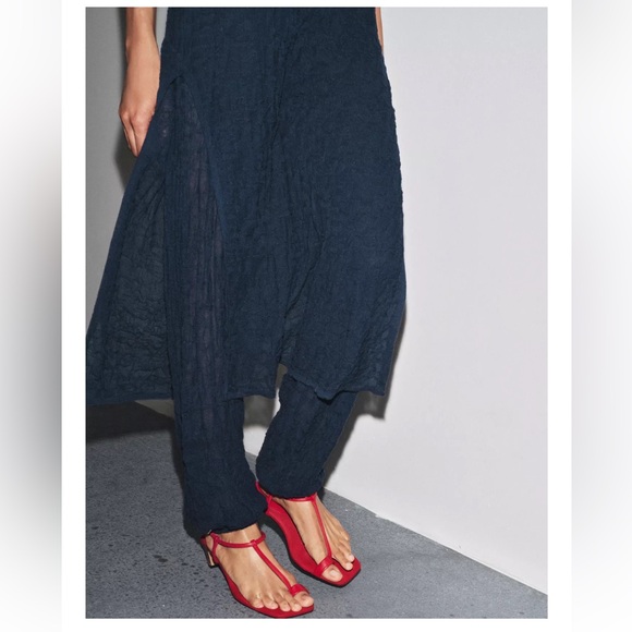 Zara 2 pieces Wrinkle Effect Fine Knit Midi Dress w/Matching Pants Navy Blue NWT - Picture 12 of 16